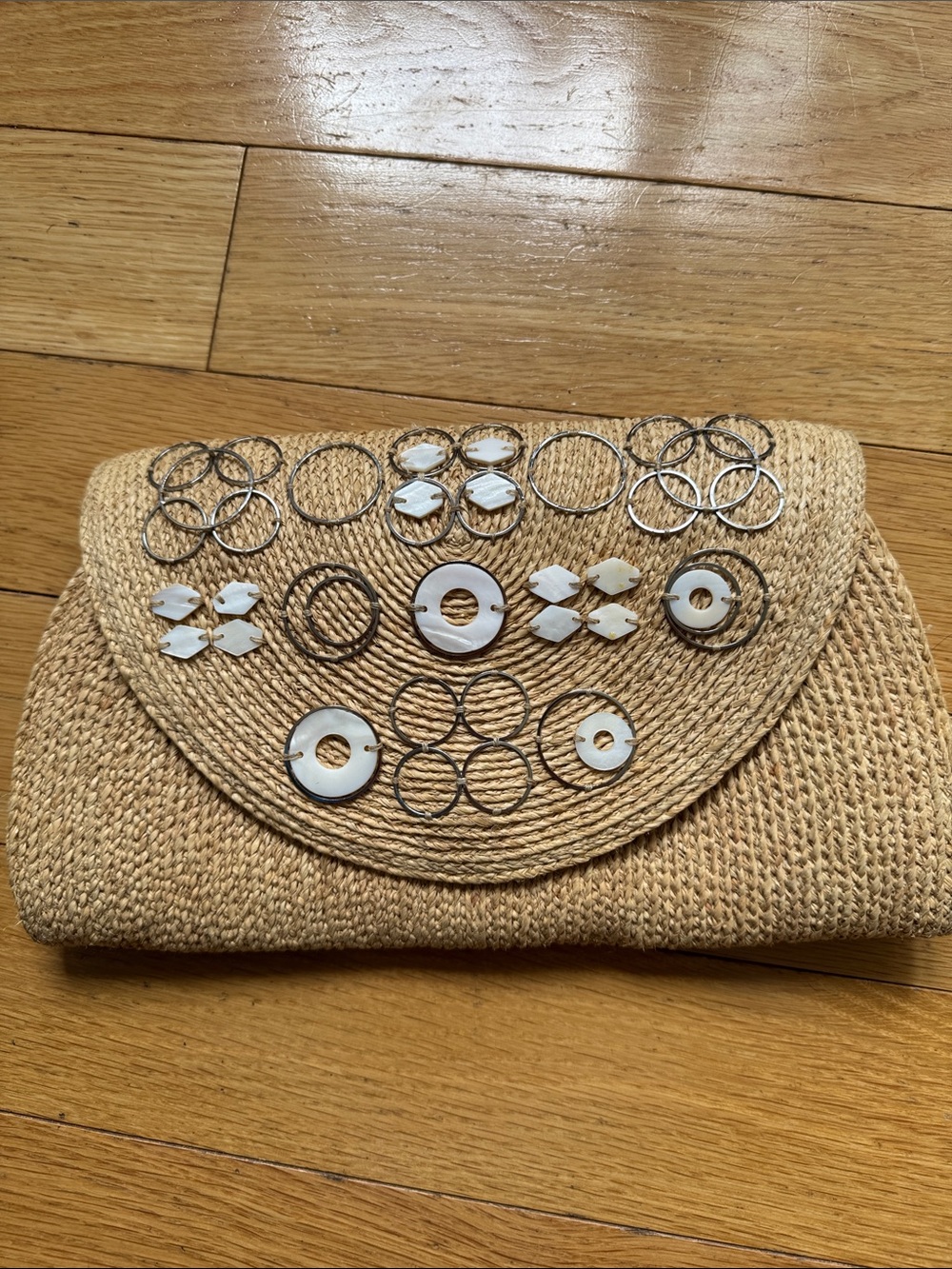 Helen Kaminski Natural Straw Clutch with White Shell & Metal Accents